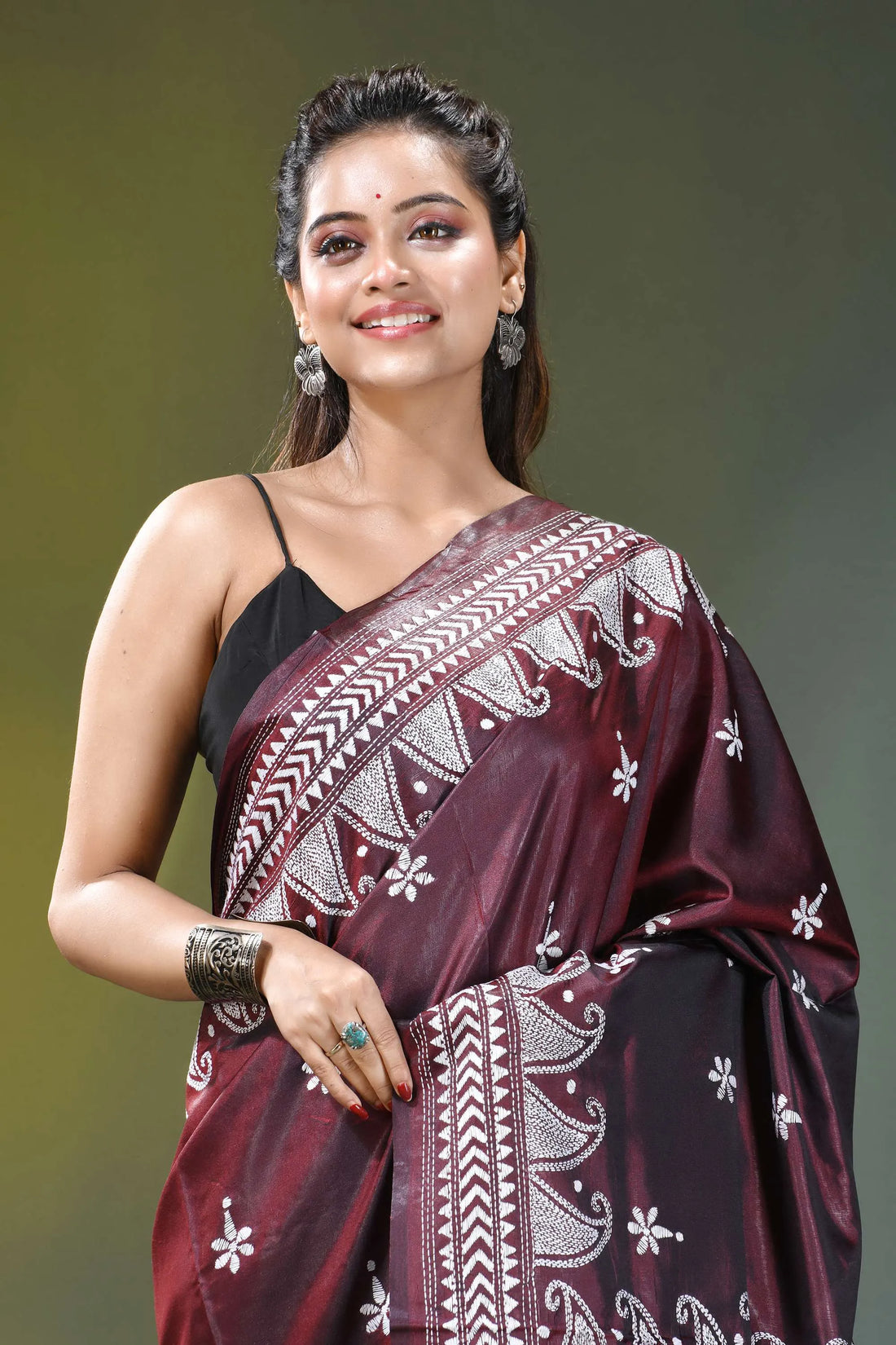 Maroon white thread handcrafted paisley silk kantha saree rich maroon silk saree adorned 2
