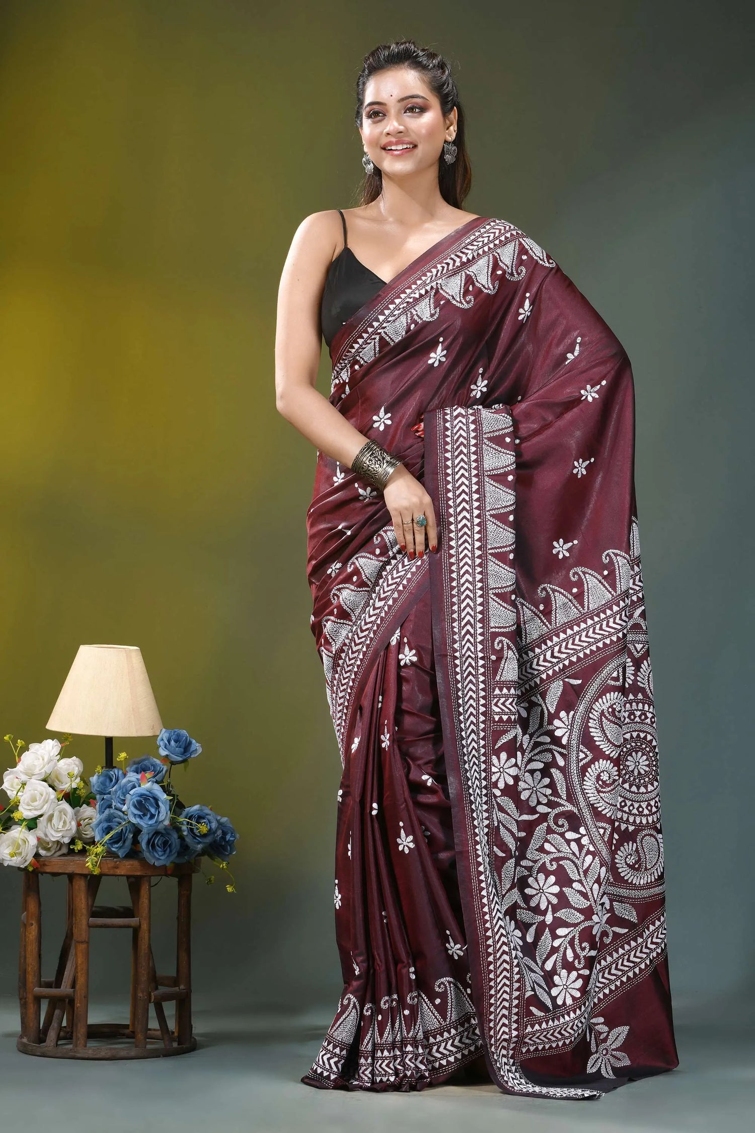 Maroon white thread handcrafted paisley silk kantha saree maroon silk saree intricate white 6