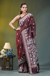 Maroon white thread handcrafted paisley silk kantha saree maroon silk saree intricate white 4