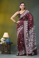 Maroon white thread handcrafted paisley silk kantha saree maroon silk saree intricate white 1