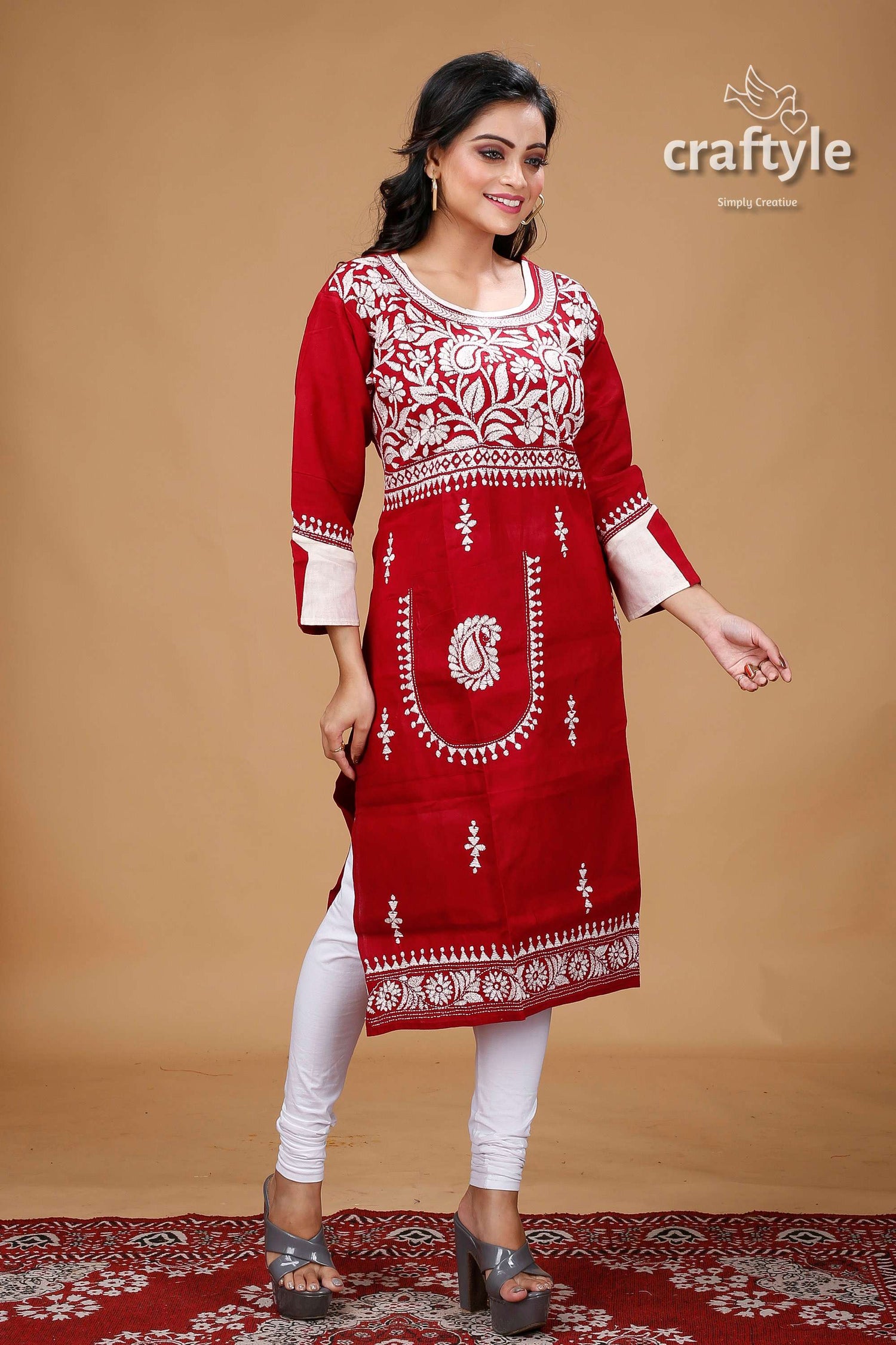 Maroon White Thread Work Kantha Cotton Kurti for Women - Craftyle