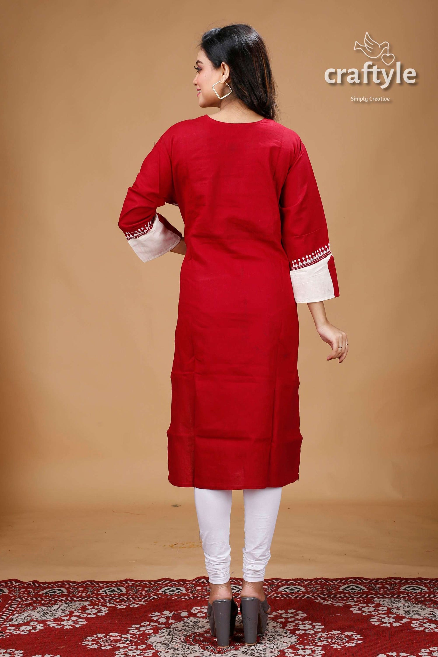 Maroon White Thread Work Kantha Cotton Kurti for Women - Craftyle