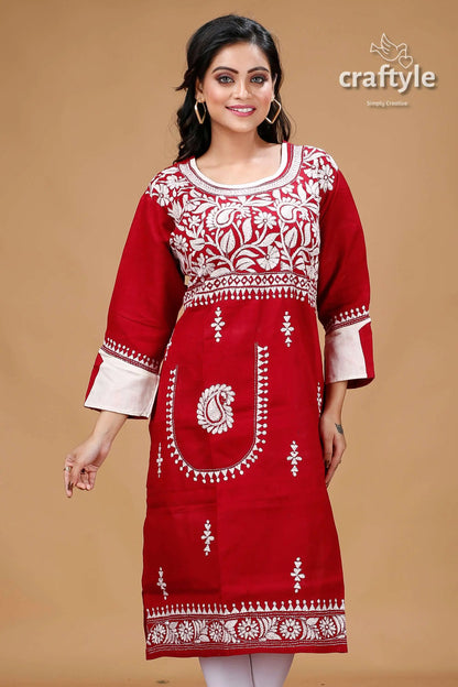 Maroon white thread work kantha cotton kurti for women red embroidered kurta 2