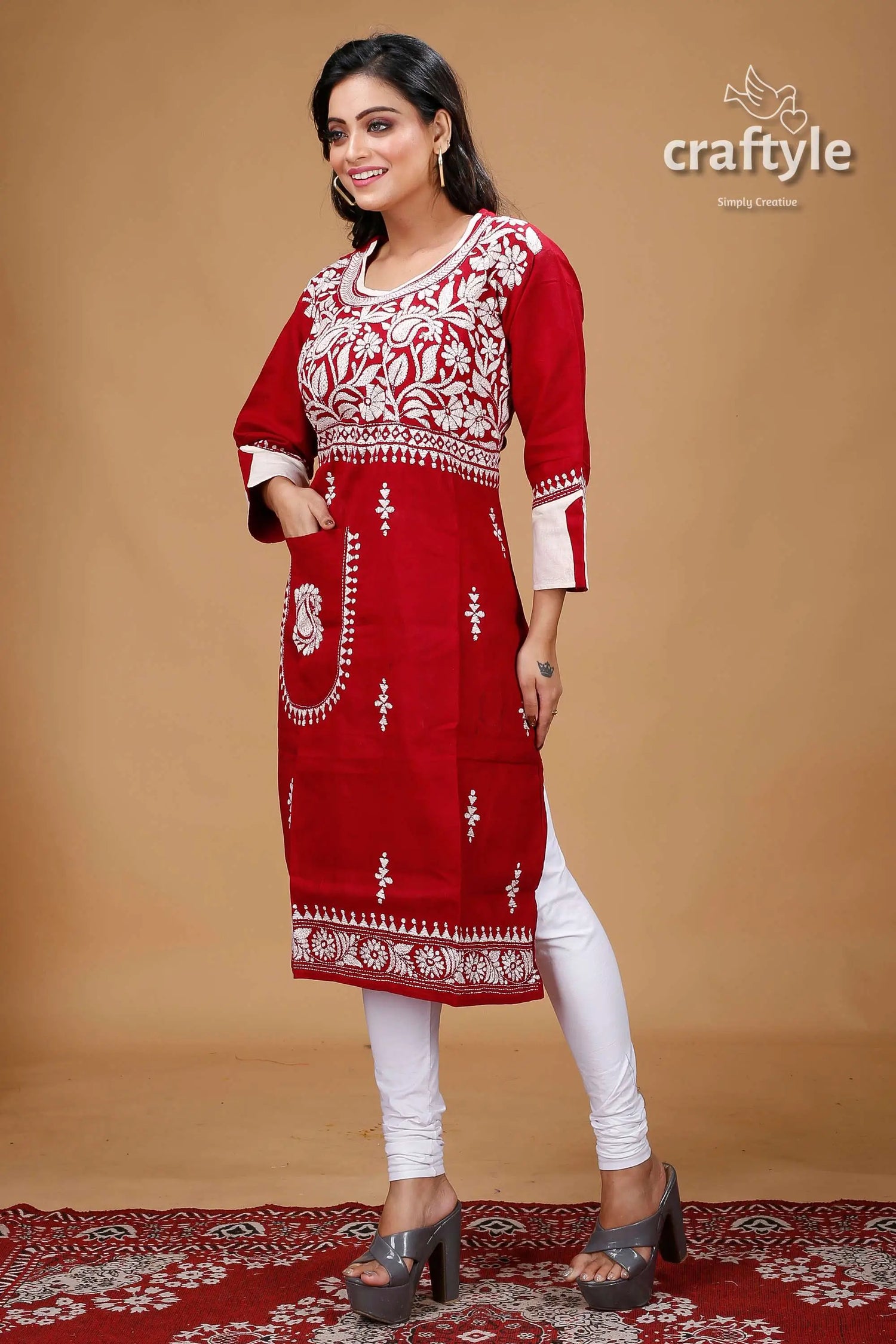 Maroon white thread work kantha cotton kurti for women red embroidered kurta white leggings 4
