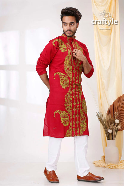 Maroon with geeen thread hand kantha work mens cotton ethnic punjabi red embroidered kurta gold paisley 4