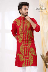 Maroon with geeen thread hand kantha work mens cotton ethnic punjabi red kurta intricate gold embroidery 2