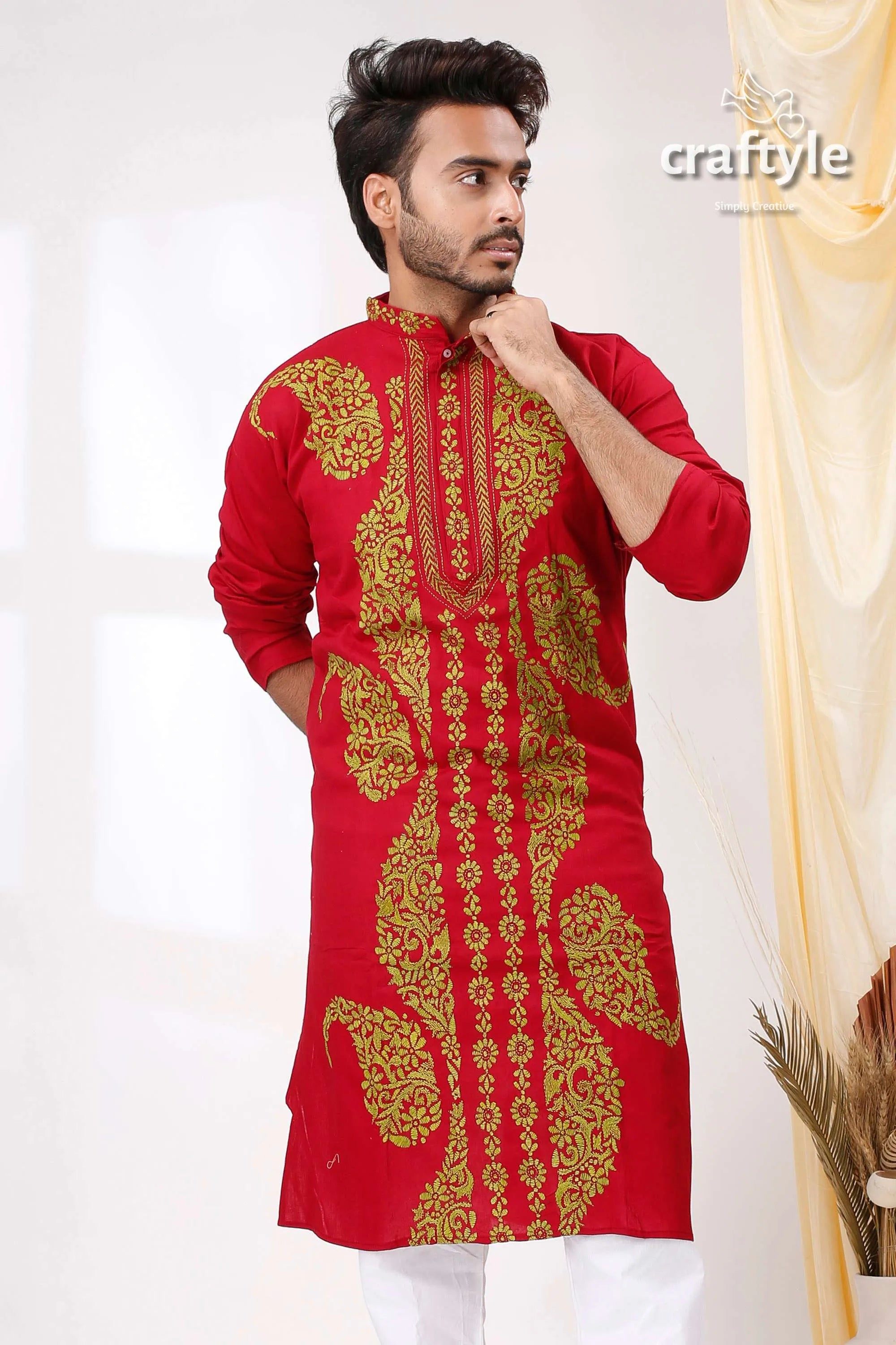 Maroon with geeen thread hand kantha work mens cotton ethnic punjabi red kurta intricate gold embroidery 2