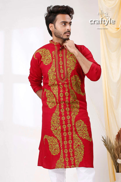 Maroon with geeen thread hand kantha work mens cotton ethnic punjabi red kurta intricate gold embroidery 2