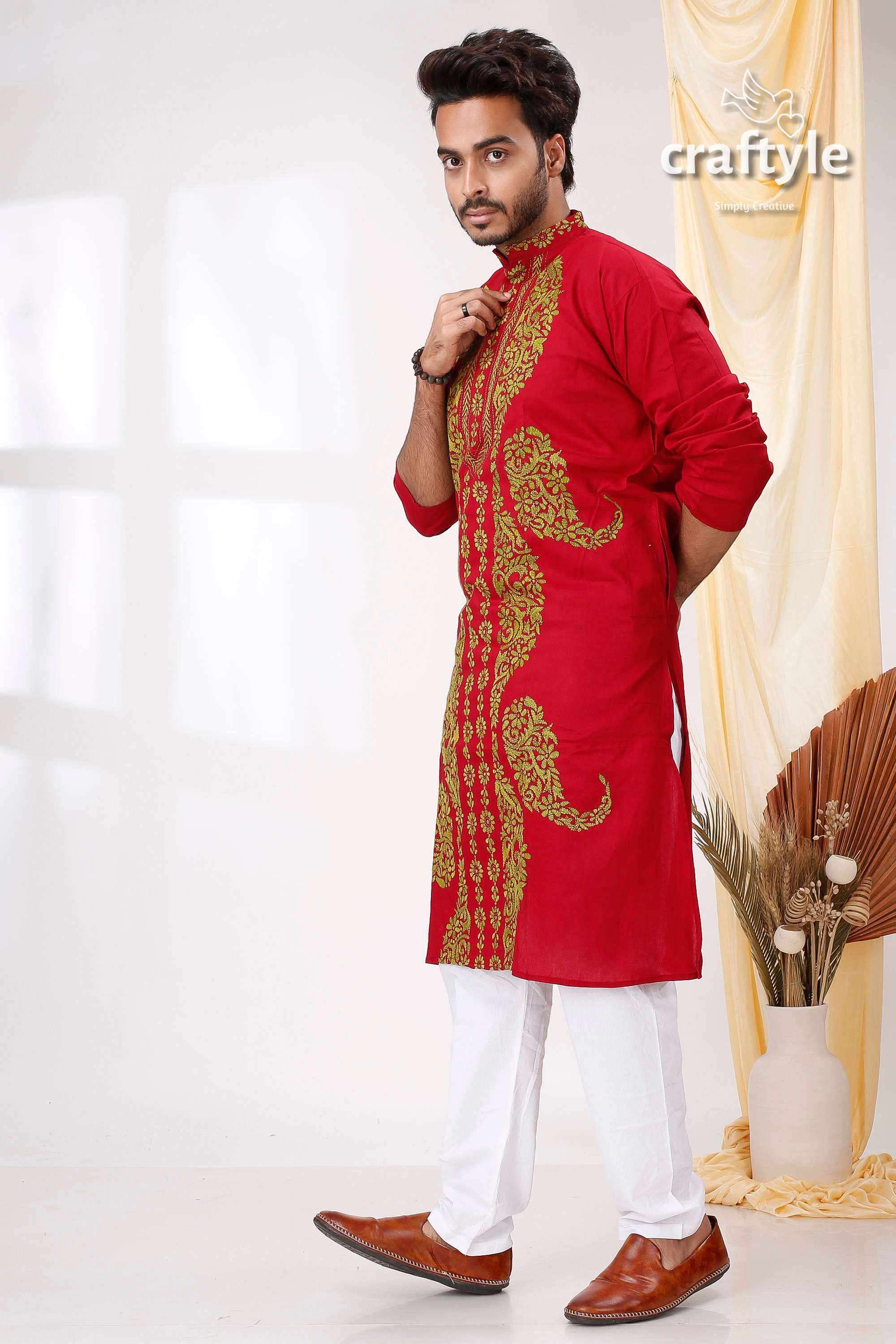 Maroon with Geeen Thread Hand Kantha Work Mens Cotton Ethnic Punjabi - Craftyle