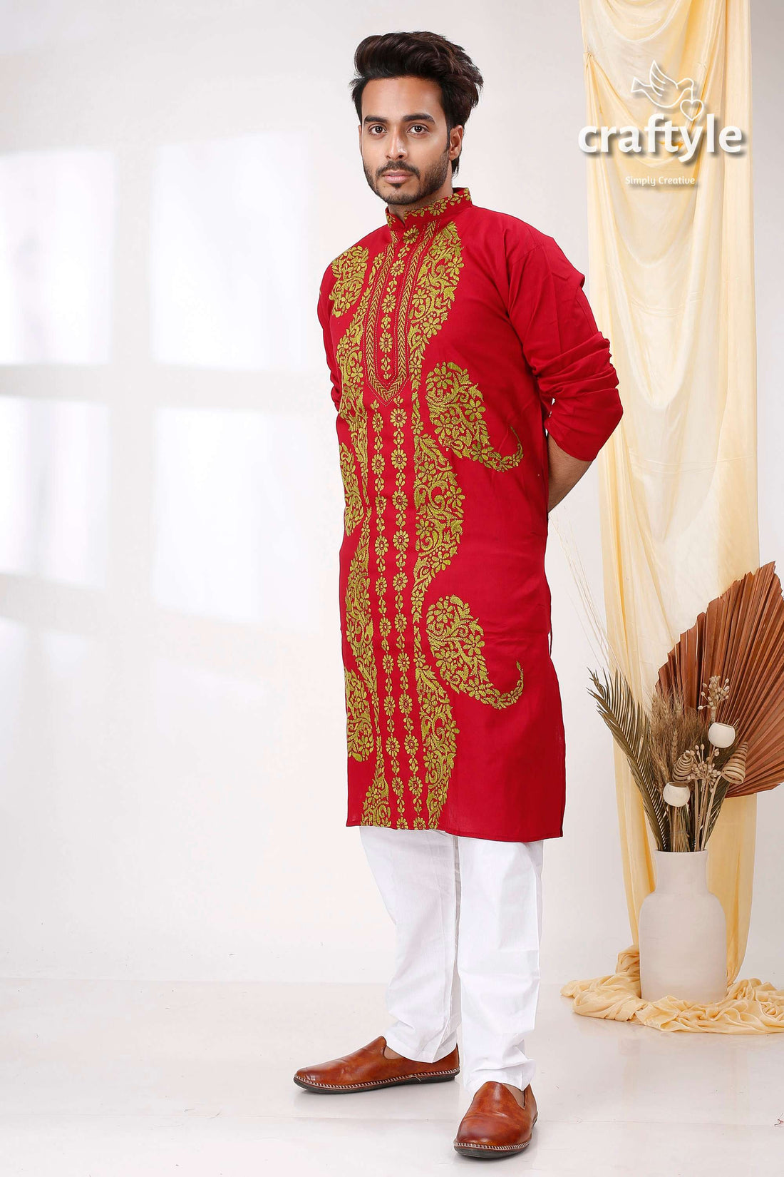 Maroon with Geeen Thread Hand Kantha Work Mens Cotton Ethnic Punjabi - Craftyle