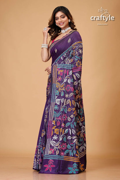 Martinique Purple Multithread Floral Silk Kantha Saree - Craftyle