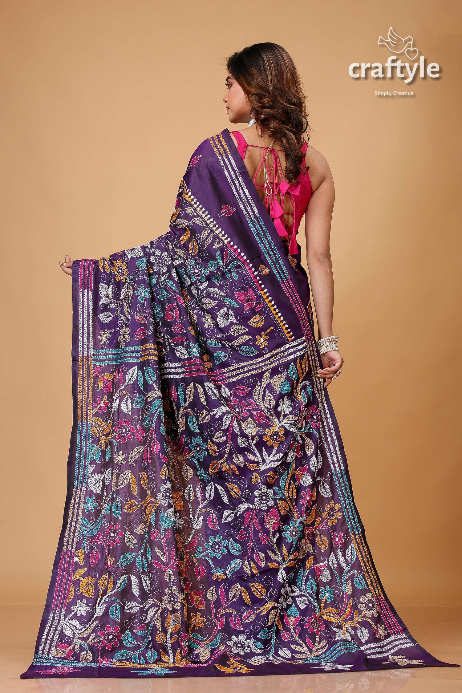 Martinique Purple Multithread Floral Silk Kantha Saree - Craftyle
