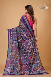 Martinique Purple Multithread Floral Silk Kantha Saree - Craftyle