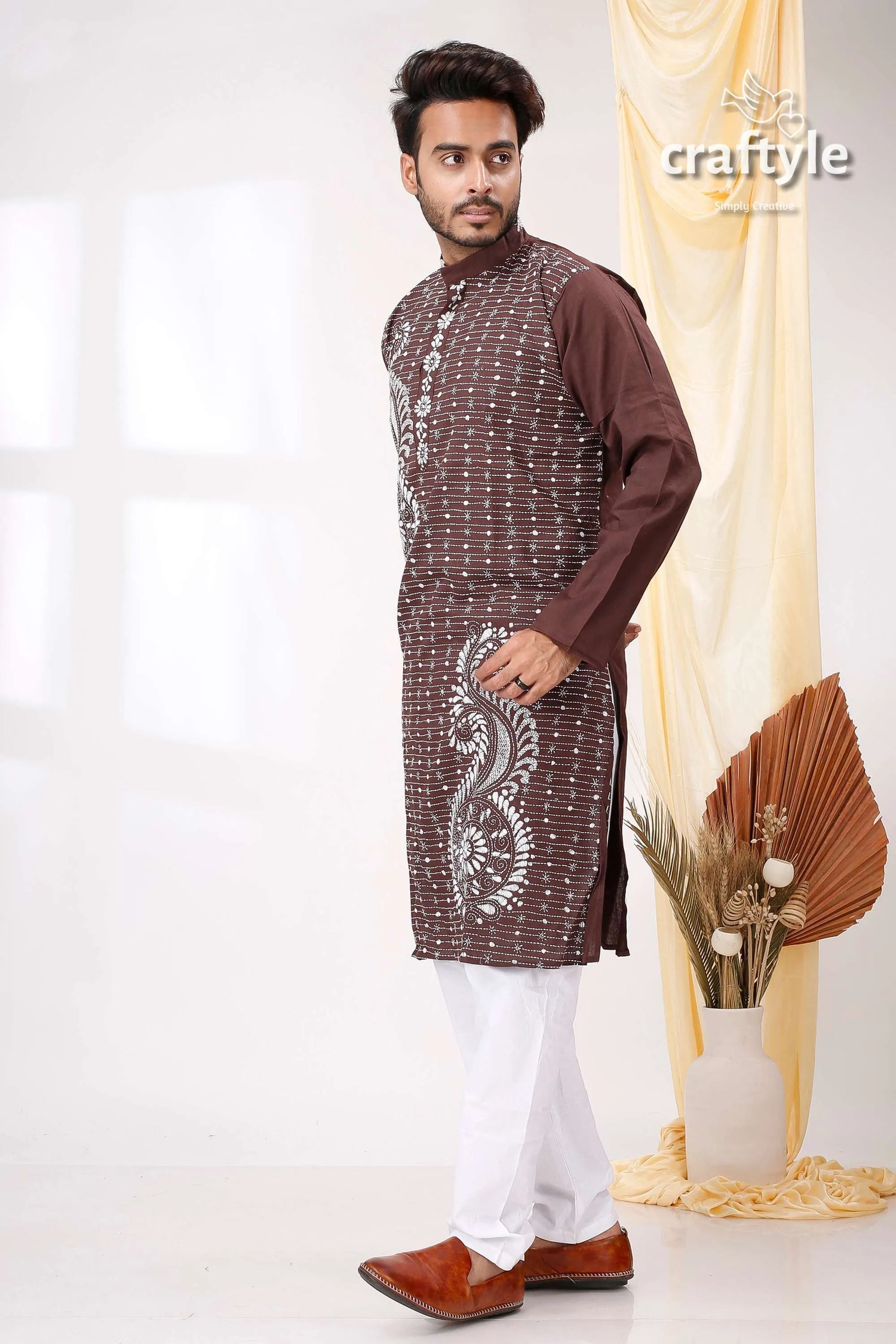 Matterhorn brown and white kantha work cotton men’s kurta panjabi embroidered intricate 5