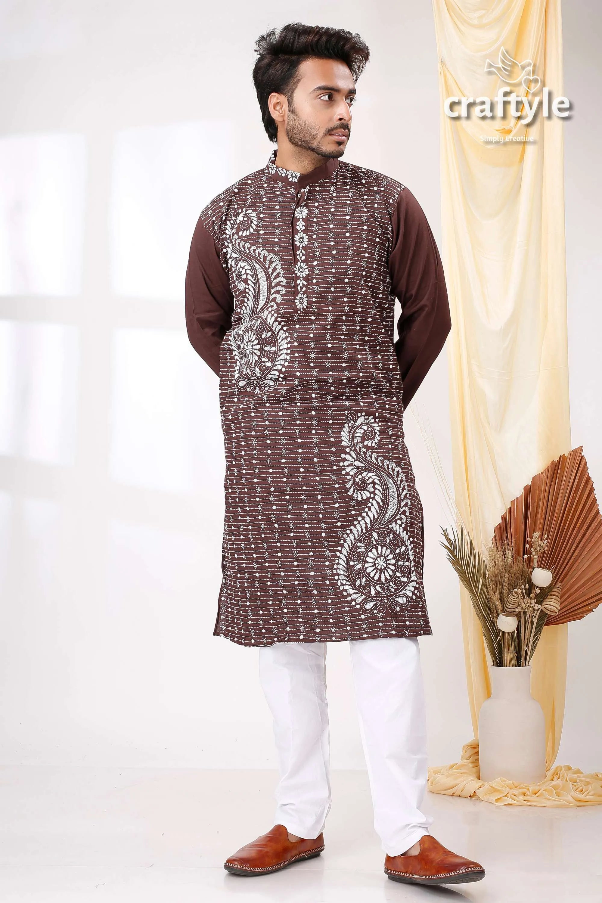 Matterhorn brown and white kantha work cotton men’s kurta panjabi intricate embroidered 3