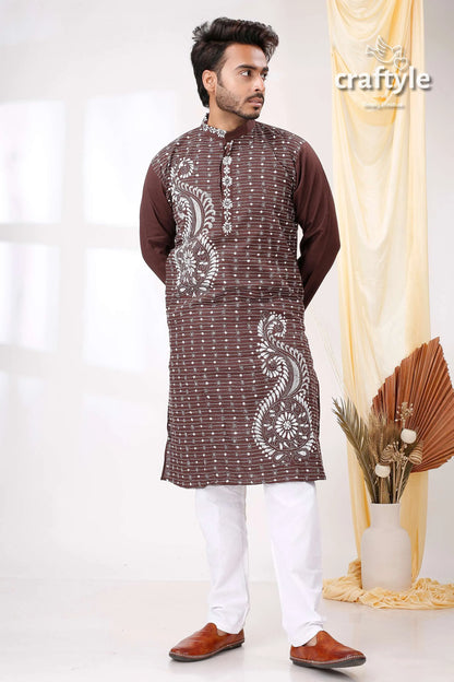 Matterhorn brown and white kantha work cotton men’s kurta panjabi intricate embroidered 3