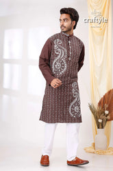 Matterhorn brown and white kantha work cotton men’s kurta panjabi intricate embroidered 1