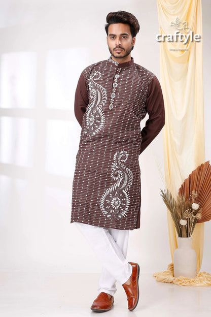 Matterhorn brown and white kantha work cotton men’s kurta panjabi intricate paisley 4
