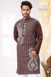 Matterhorn brown and white kantha work cotton men’s kurta panjabi intricate paisley 2