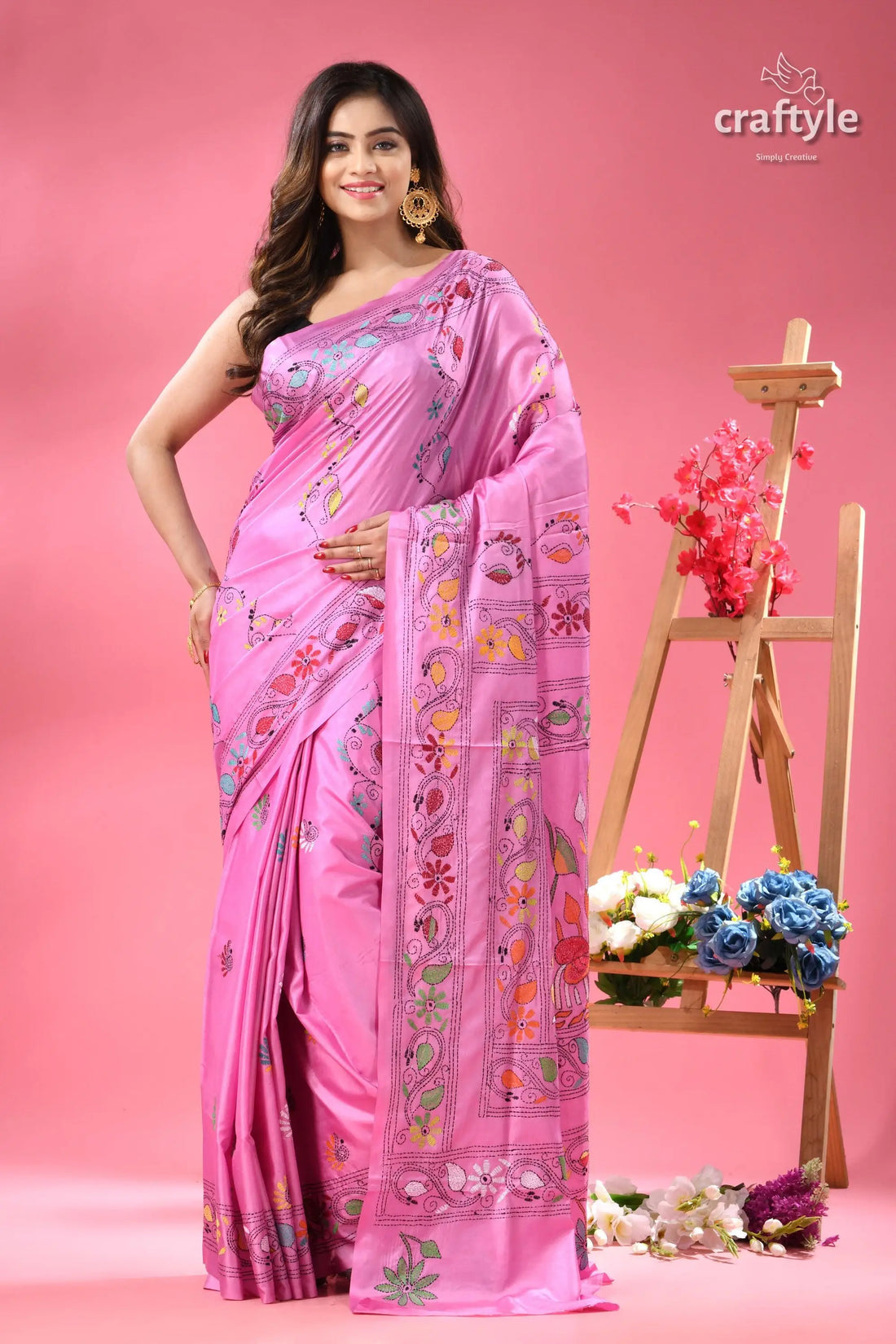 Mauve elegant silk kantha stitch saree in lotus design vibrant pink silk saree colorful 1