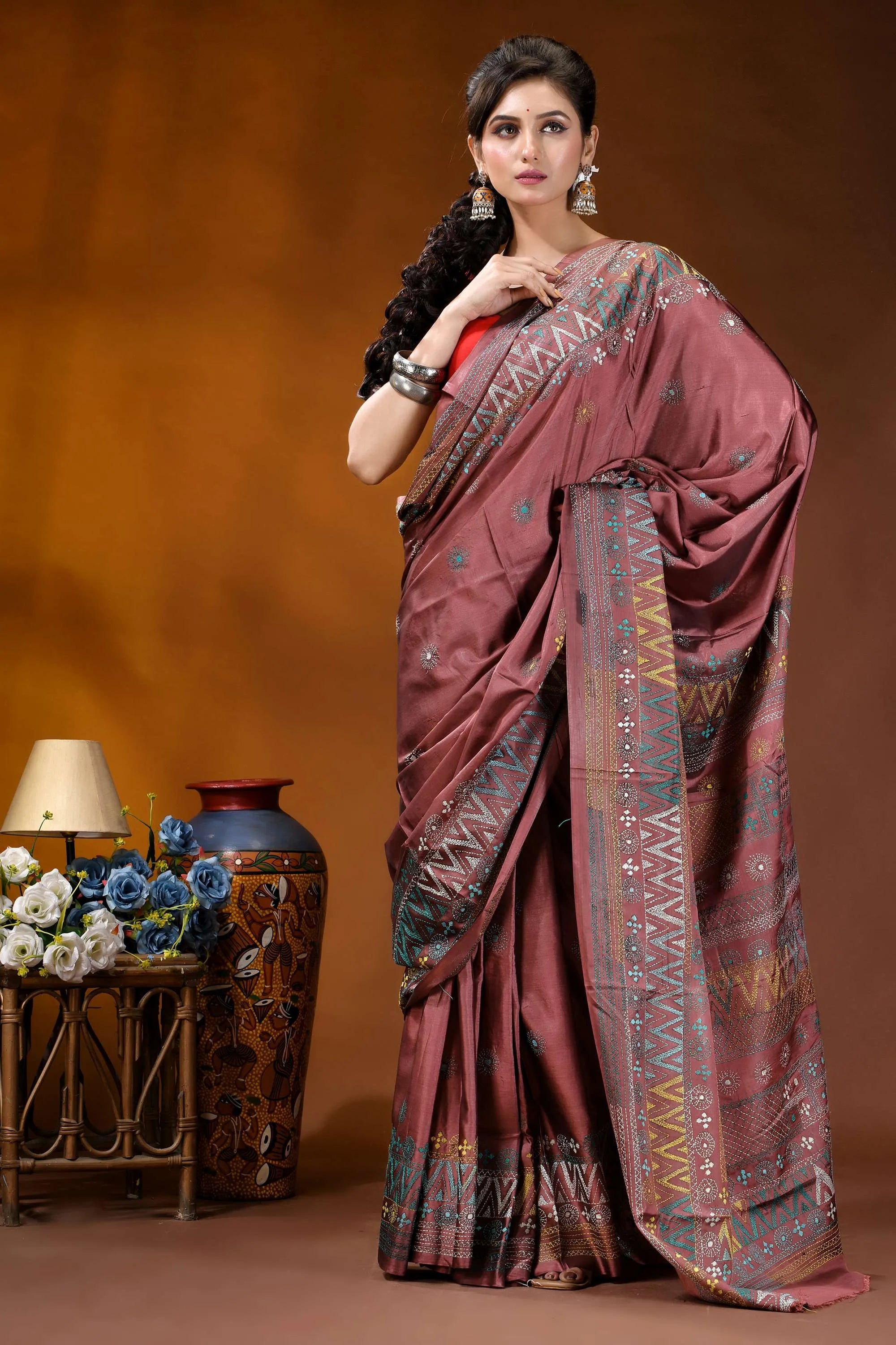 Mauve geometric design silk lambani embroidery saree - handmade maroon silk saree intricate geometric 4