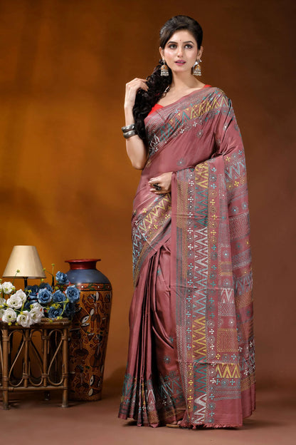Mauve geometric design silk lambani embroidery saree - handmade woman wears mauve silk saree 6