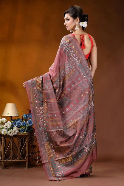 Mauve geometric design silk lambani embroidery saree - handmade dusty rose-colored saree intricate geometric 5