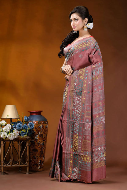 Mauve geometric design silk lambani embroidery saree - handmade maroon silk saree intricate geometric 3