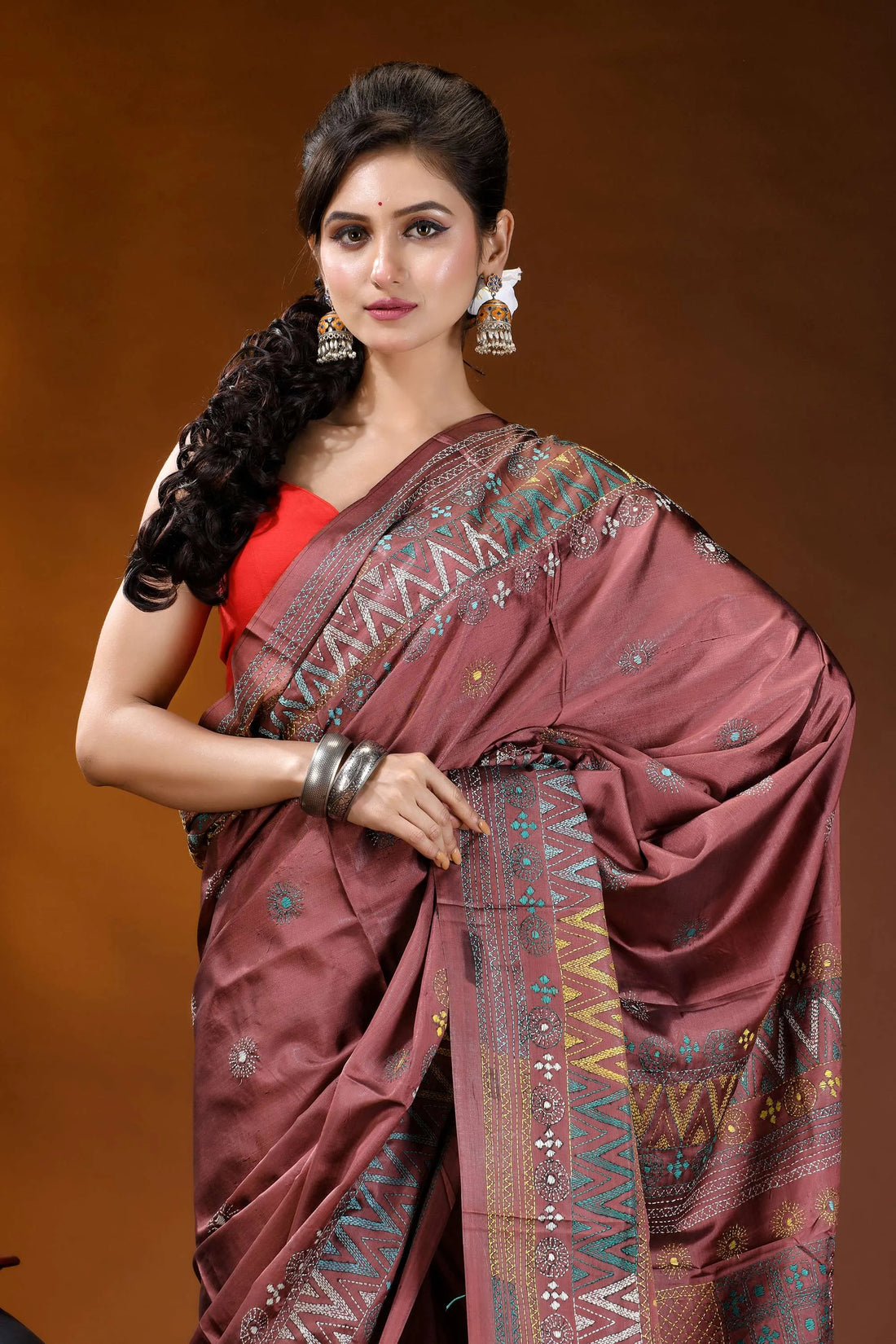 Mauve geometric design silk lambani embroidery saree - handmade maroon silk saree intricate geometric 2