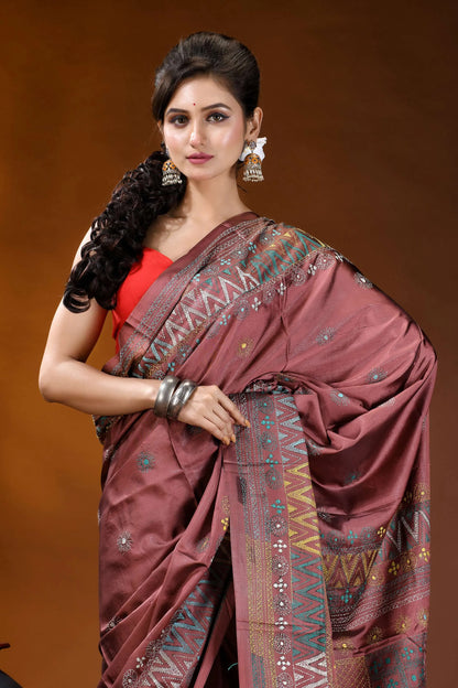 Mauve geometric design silk lambani embroidery saree - handmade maroon silk saree intricate geometric 2