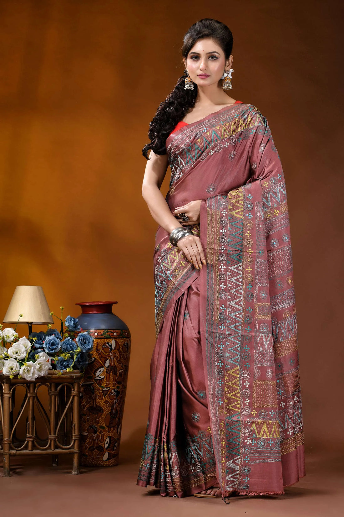 Mauve geometric design silk lambani embroidery saree - handmade woman wears maroon silk saree 1