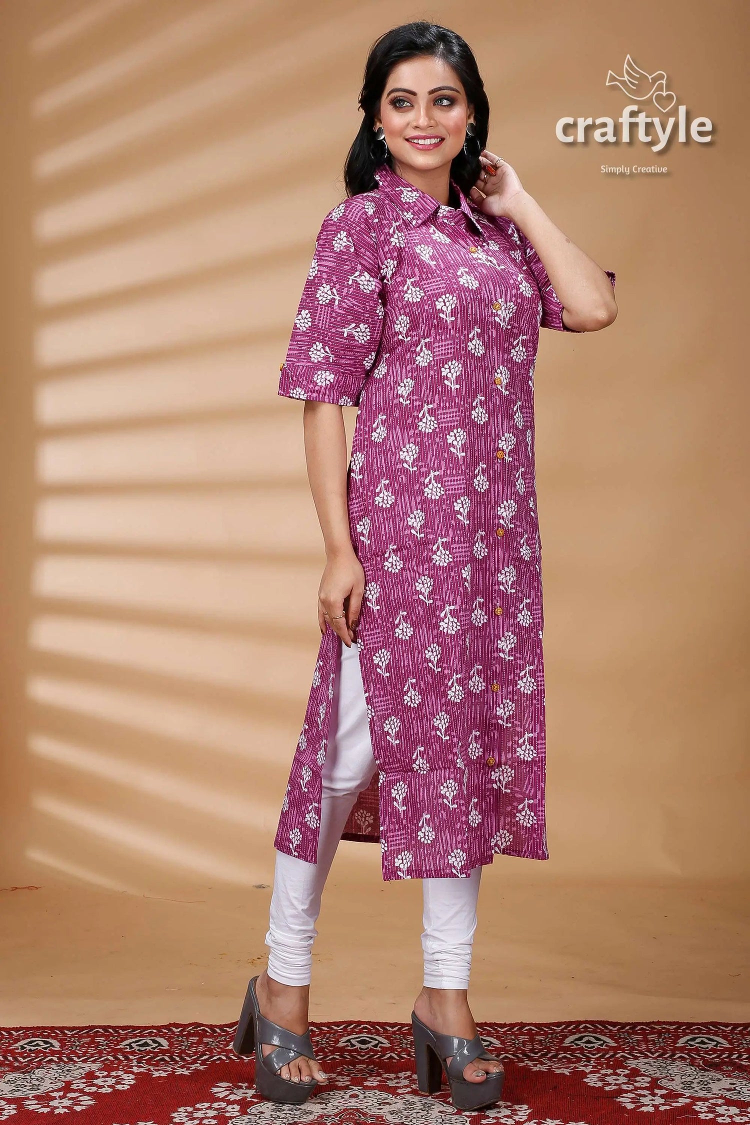 Mauve pure cotton ajrakh printed kurti for women floral-patterned magenta kurta white leggings 3