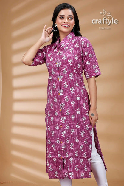 Mauve pure cotton ajrakh printed kurti for women printed purple collared kurta 2