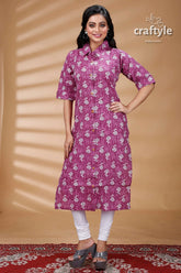 Mauve pure cotton ajrakh printed kurti for women woman’s purple floral print kurta 1