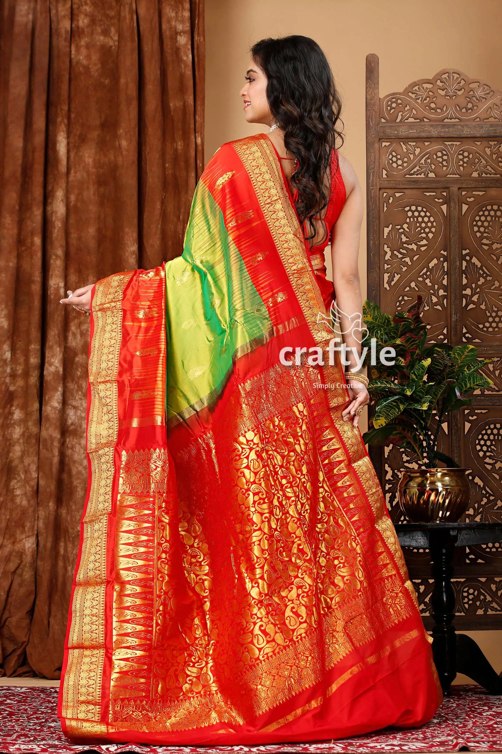 May green and red kanjivaram silk saree red green saree gold accents 4