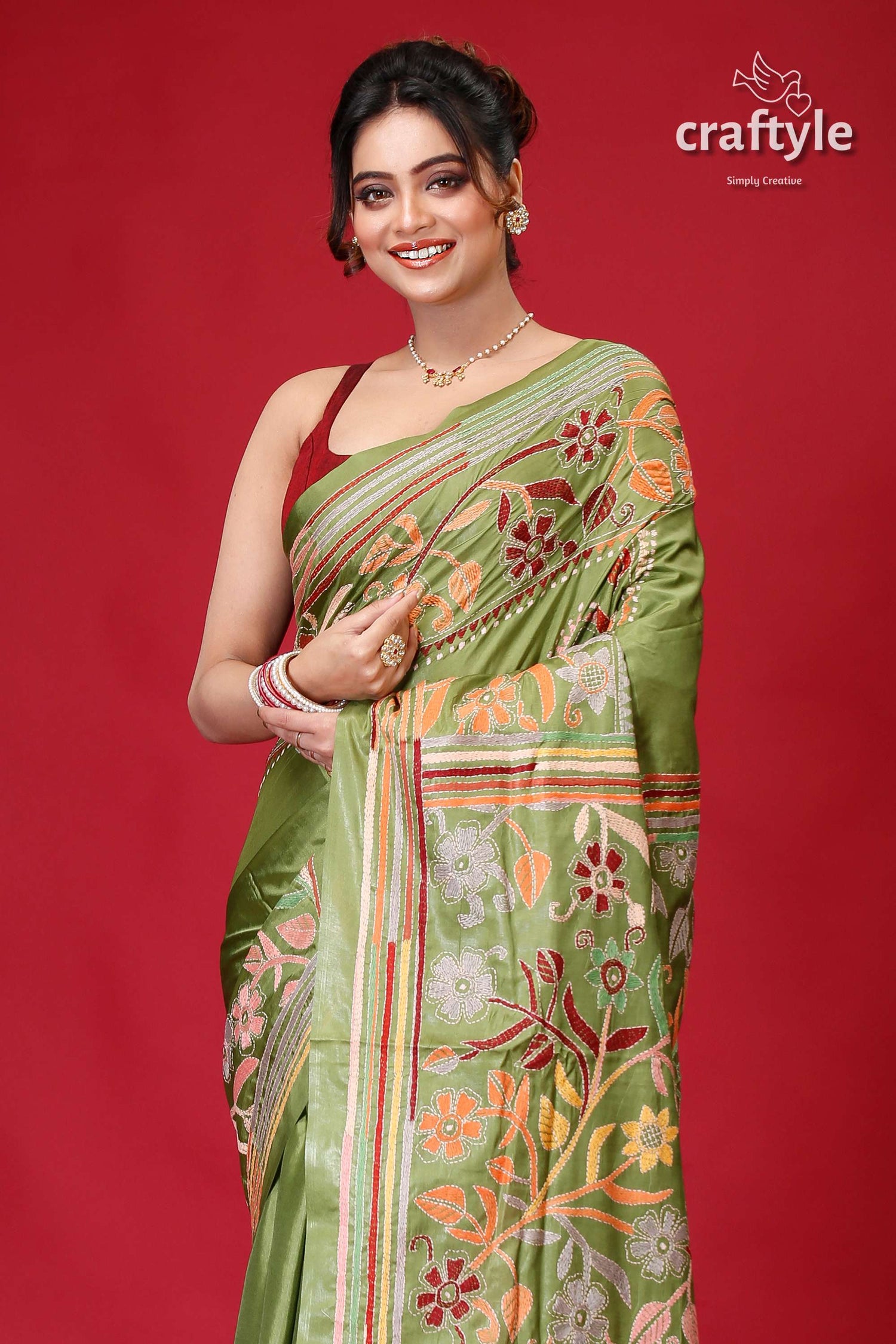 May Green Hand Embroidered Silk Kantha Work Saree-Craftyle
