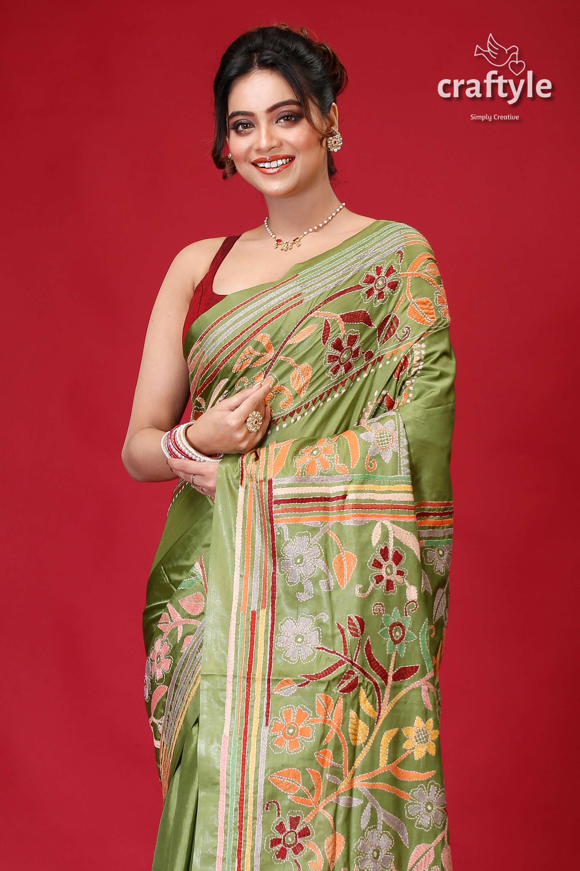 May Green Hand Embroidered Silk Kantha Work Saree-Craftyle