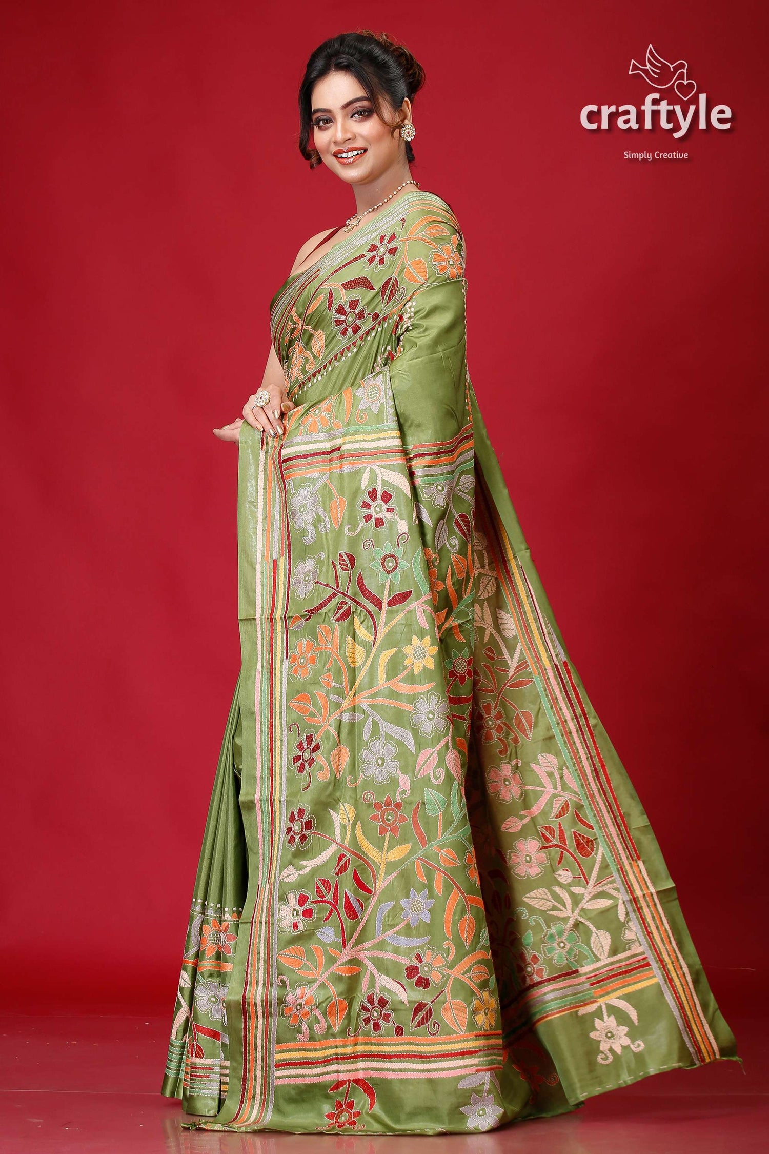 May Green Hand Embroidered Silk Kantha Work Saree-Craftyle
