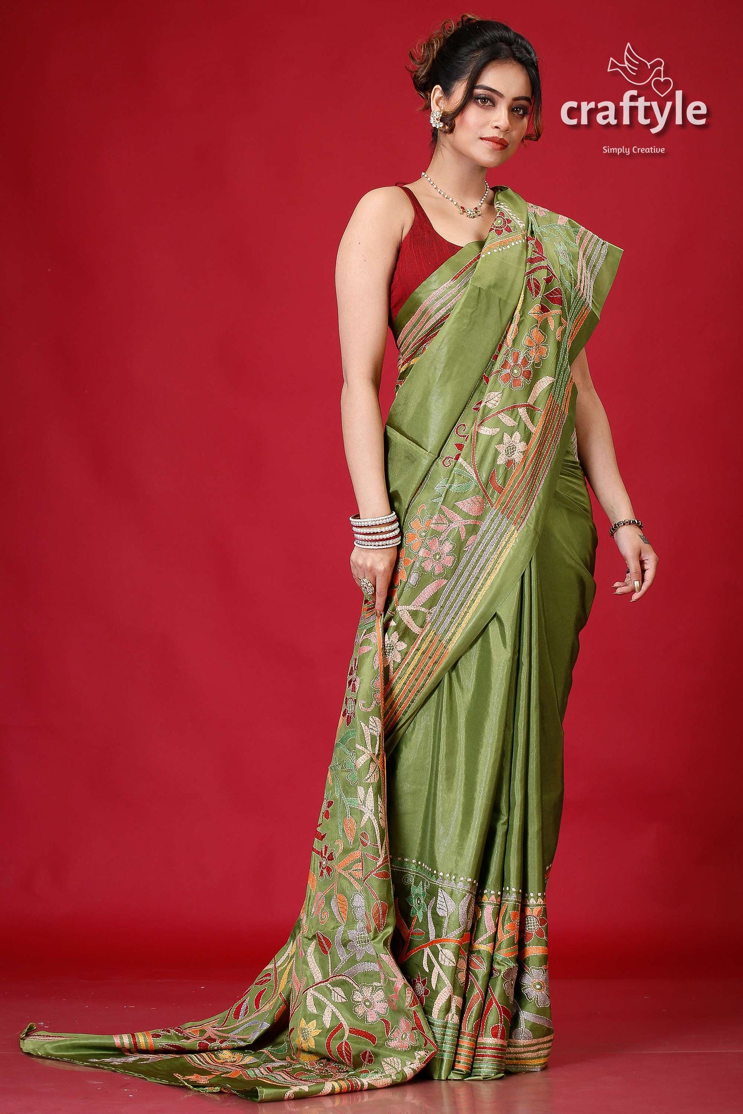 May Green Hand Embroidered Silk Kantha Work Saree-Craftyle