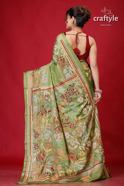 May Green Hand Embroidered Silk Kantha Work Saree-Craftyle
