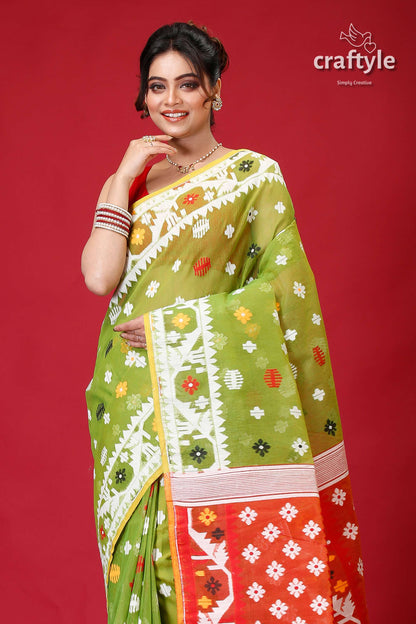 May Green Intricate Jamdani Saree-Craftyle