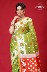 May green intricate jamdani saree green orange patterned saree 2