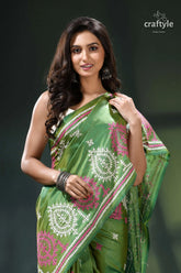 May green multi-thread designer gujrati stitch silk saree green silk saree white pink 2