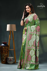 May green multi-thread designer gujrati stitch silk saree green pink batik saree intricate 3