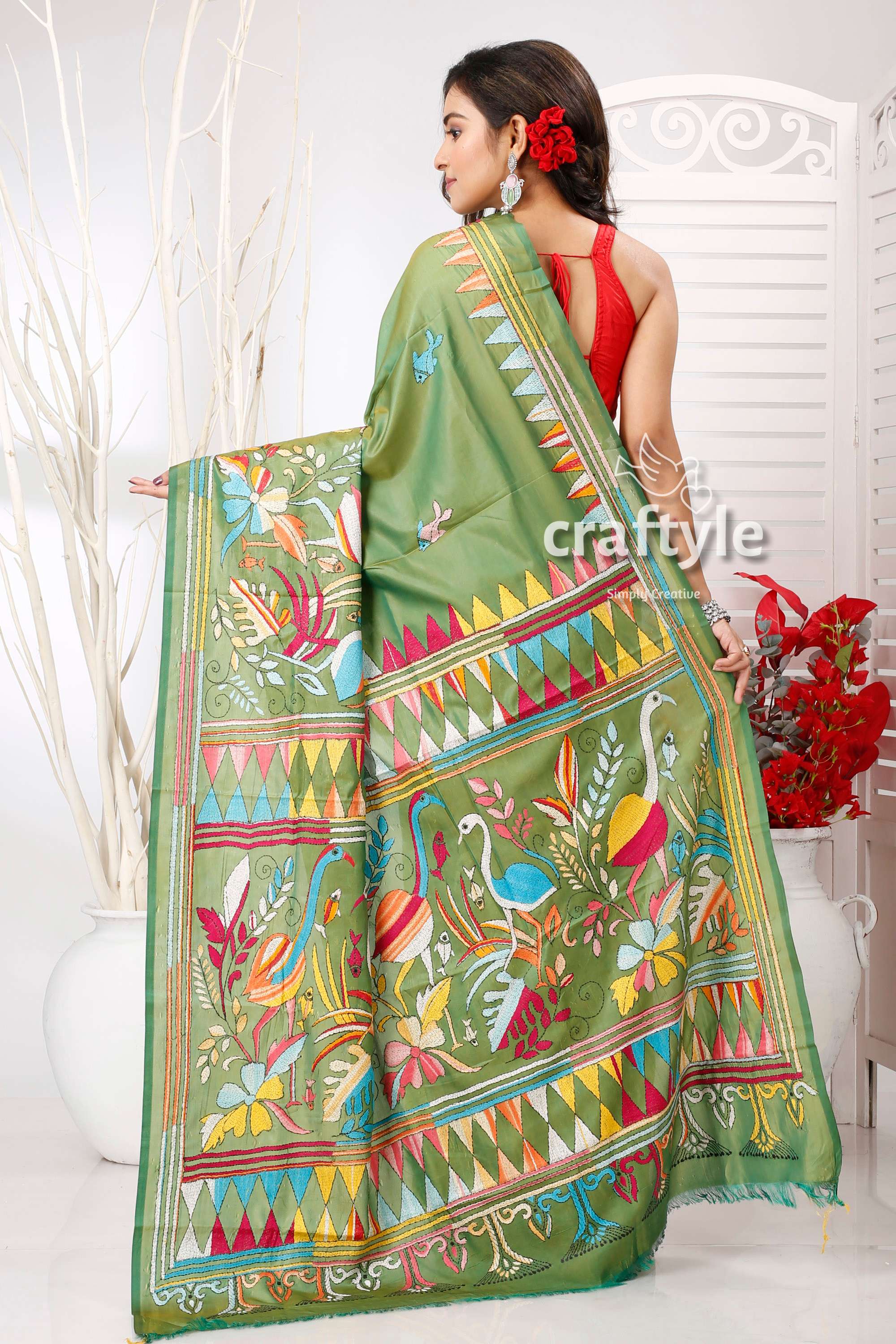May Green Multithread Bird Motif Kantha Stitch Silk Sari - Craftyle
