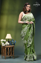 May green white gujrati stitch silk saree - hand embroidery olive green silk saree intricate 5