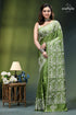 May green white gujrati stitch silk saree - hand embroidery woman wears vibrant olive green 1