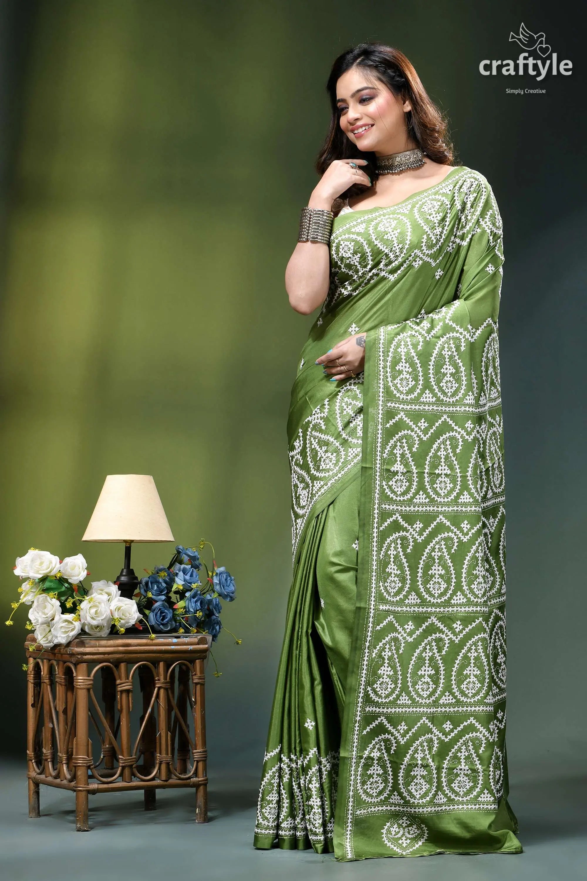 May green white gujrati stitch silk saree - hand embroidery woman wears vibrant olive green 7