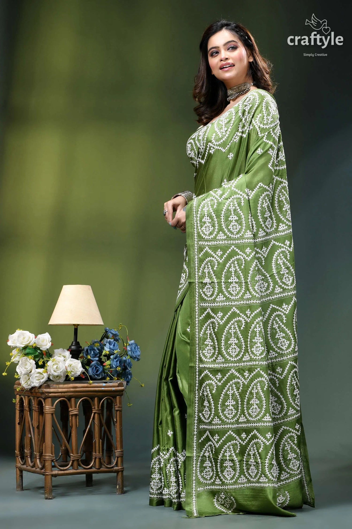 May green white gujrati stitch silk saree - hand embroidery olive green silk saree intricate 3