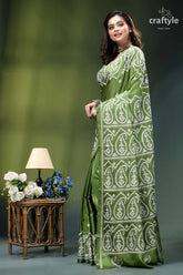 May green white gujrati stitch silk saree - hand embroidery olive green silk saree intricate 3